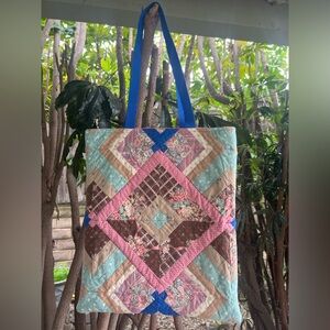 Handmade Upcycled Vintage Quilted Tote Bag Lined Pocket Cotton Pink Blue